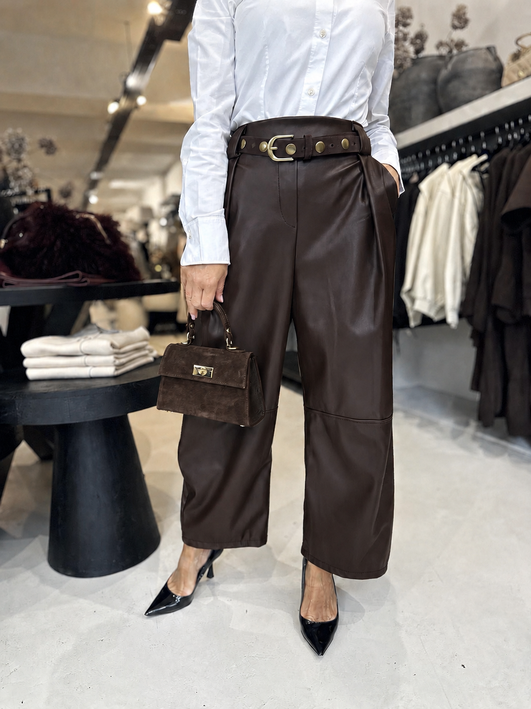 Pantalon Livia lederlook Bruin